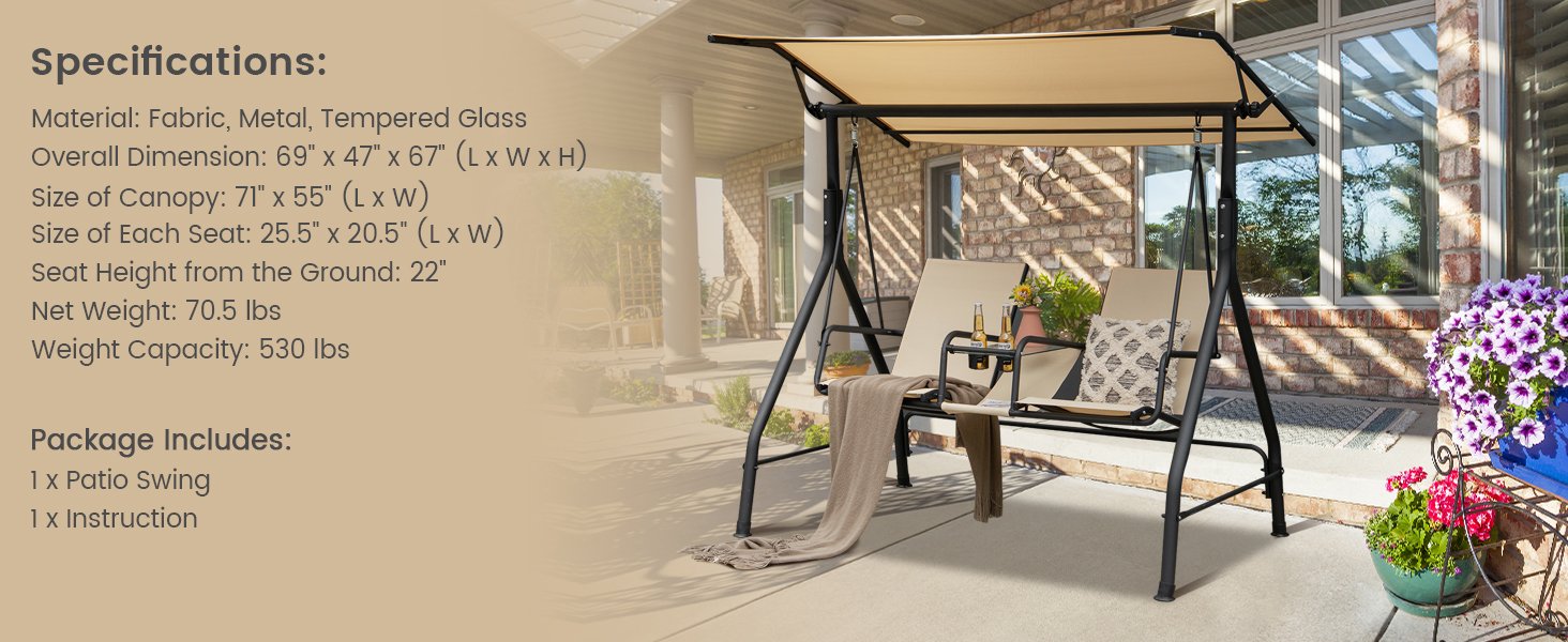 2-Seat Outdoor Cushioned Porch Swing with Adjustable Canopy and Tempered Glass Table
