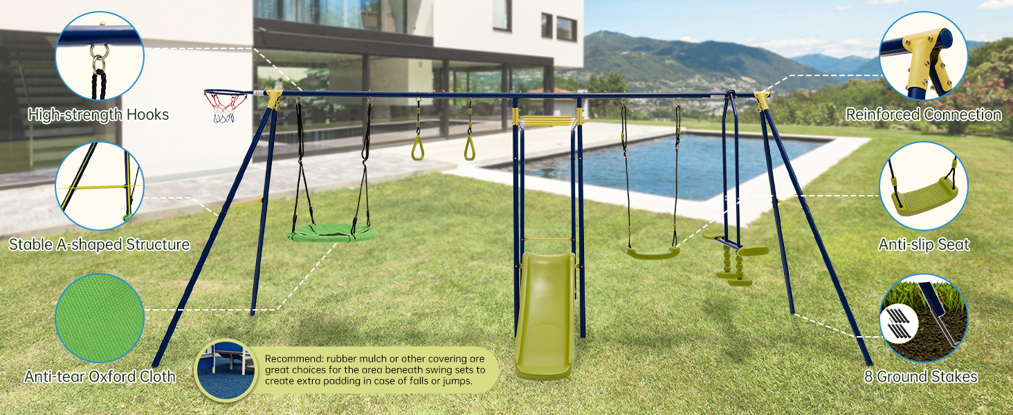7-in-1 Stable A-shaped Outdoor Swing Set for Backyard