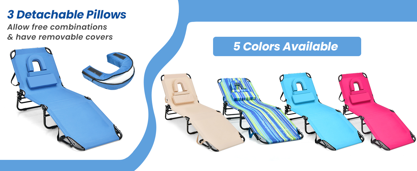 Beach Chaise Lounge Chair with Face Hole and Removable Pillow