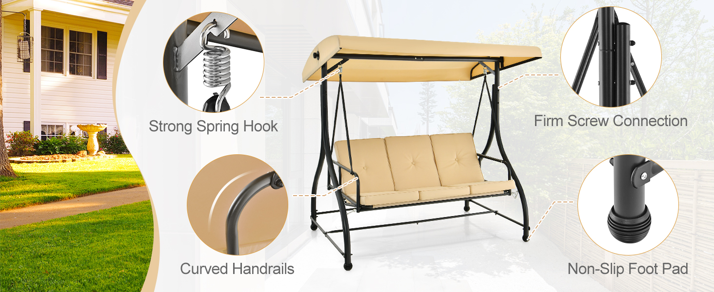 3 Seat Outdoor Porch Swing with Adjustable Canopy