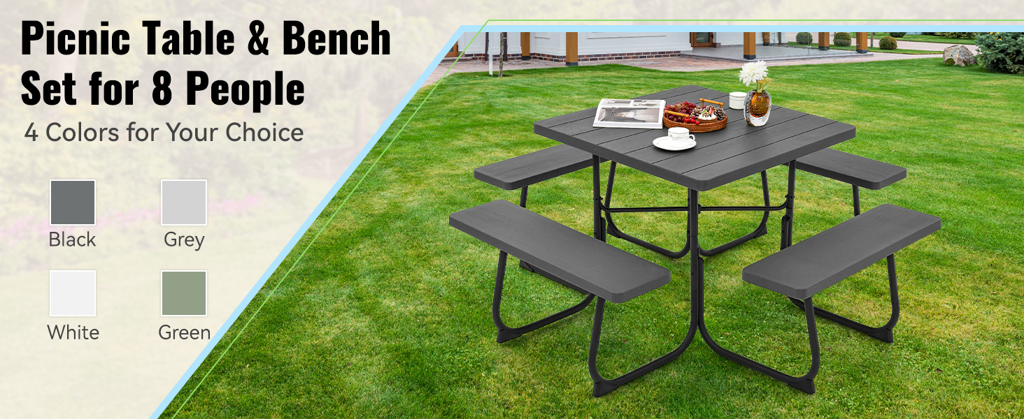 Outdoor Picnic Table with 4 Benches and Umbrella Hole