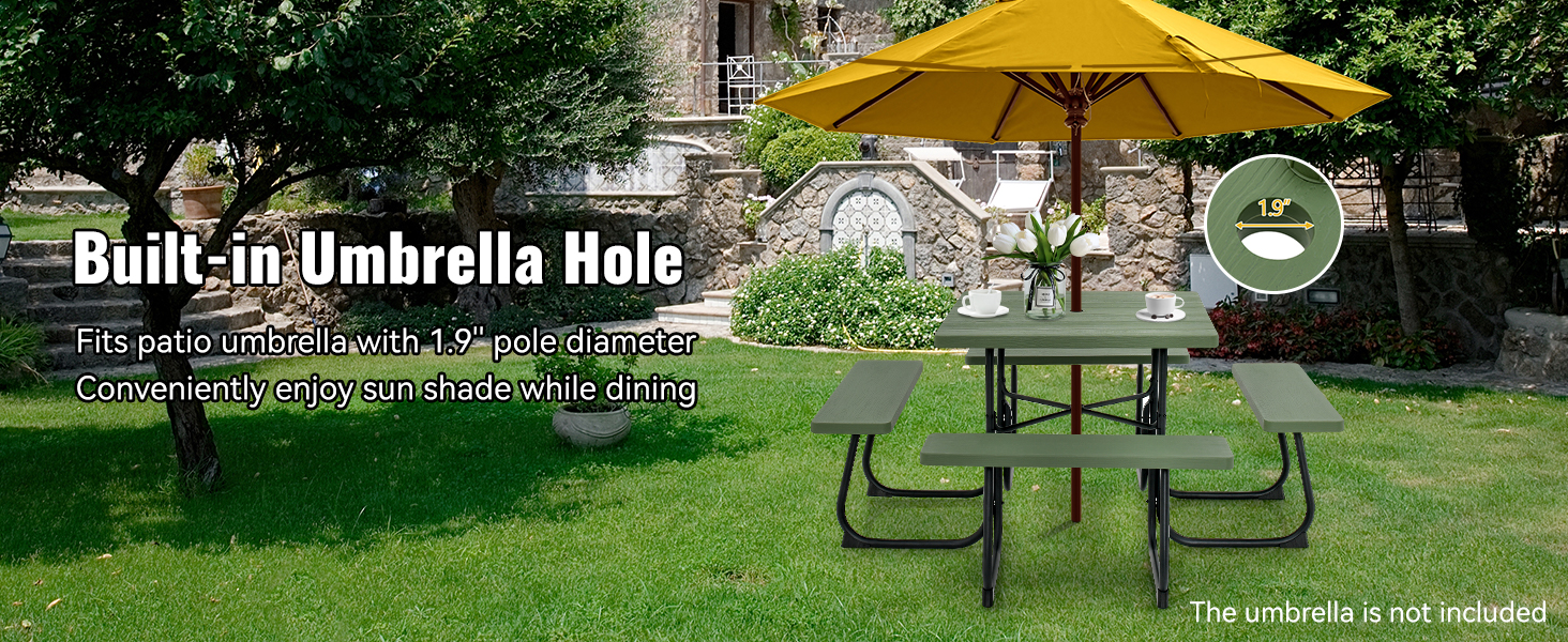 Outdoor Picnic Table with 4 Benches and Umbrella Hole