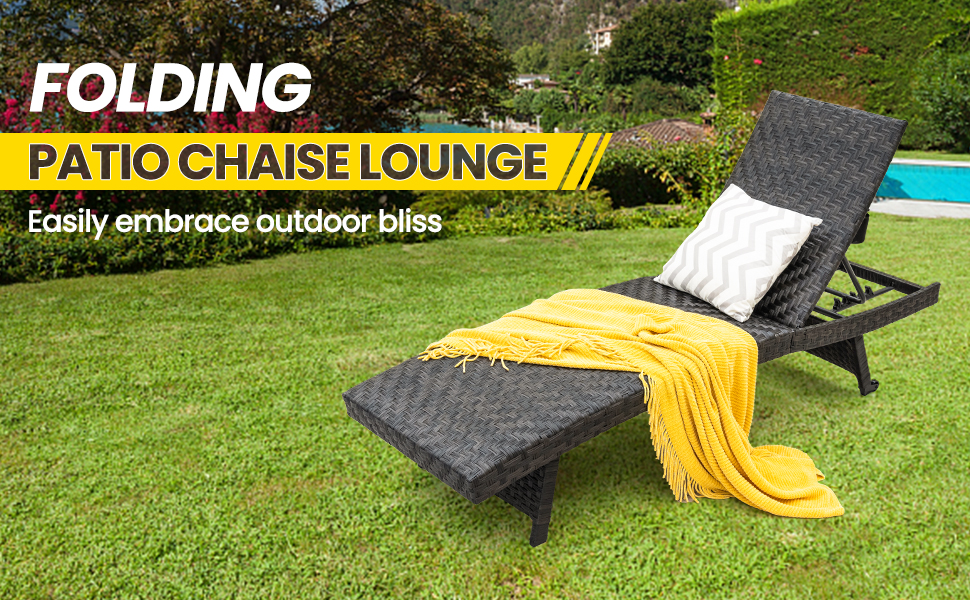 Folding Padded Rattan Patio Chaise Lounge with Adjustable Backrest and Quick Dry Foam