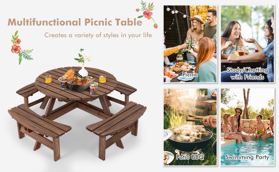 6-Person Patio Wood Picnic Table Beer Bench Set