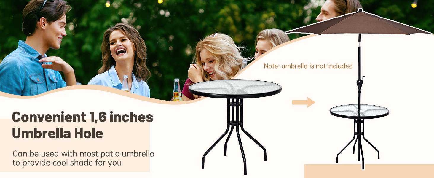 32 Inch Outdoor Patio Round Tempered Glass Top Table with Umbrella Hole