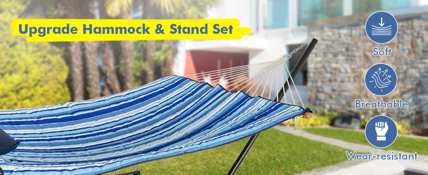  Hammock Chair Stand Set Cotton Swing with Pillow Cup Holder Indoor Outdoor