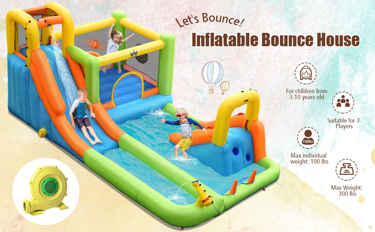 7-in-1 Jumping Bouncer Castle with Splash Pool and 735W Blower