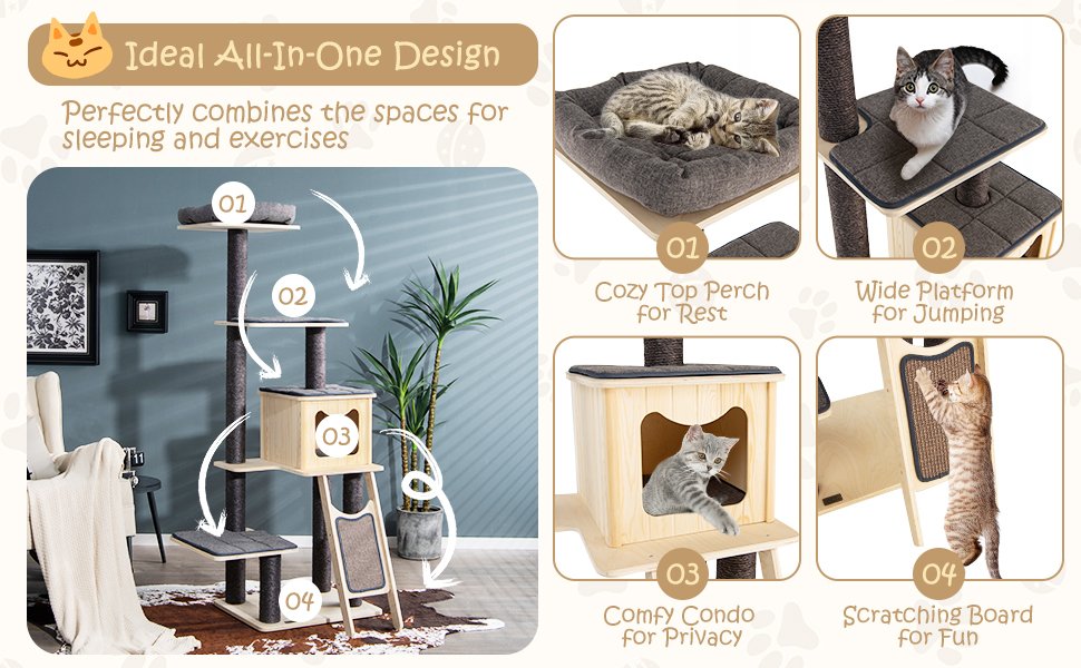 5-Tier Modern Wood Cat Tower with Washable Cushions