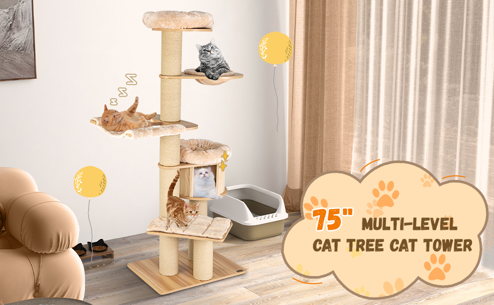 Modern Tall Cat Tree Tower with Scratch Posts and Washable Mats