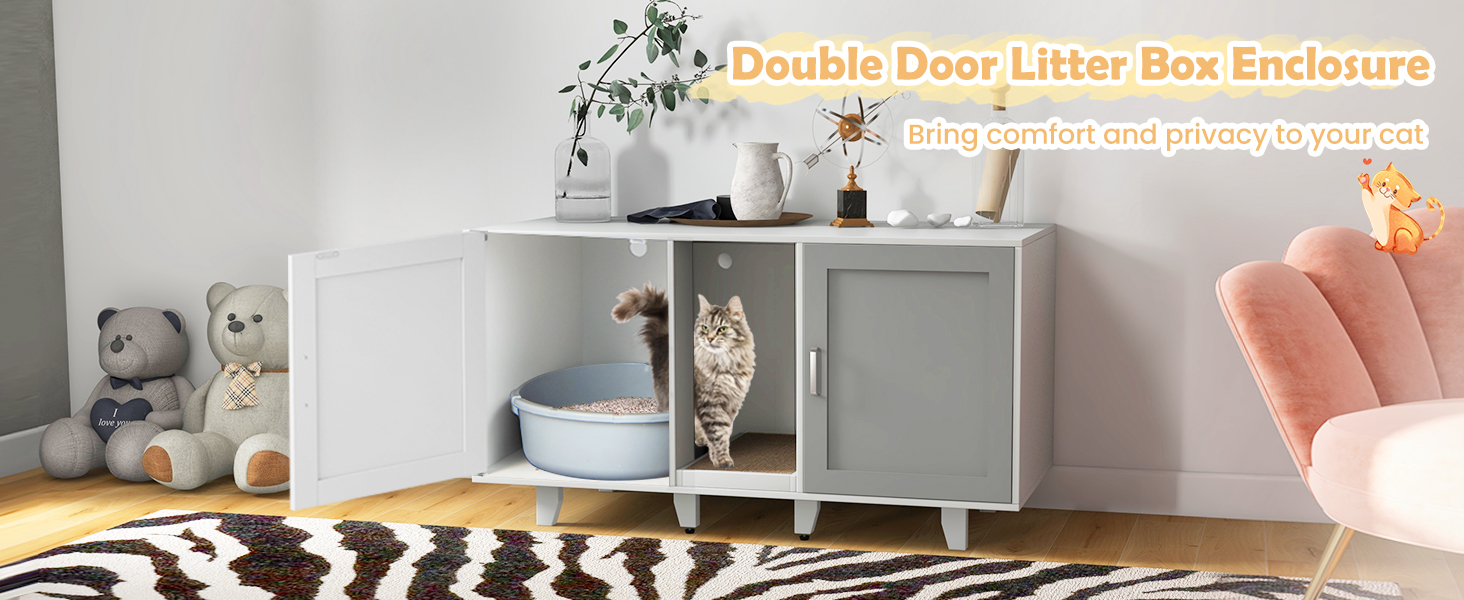 2-Door Cat Litter Box Enclosure with Winding Entry and Scratching Board