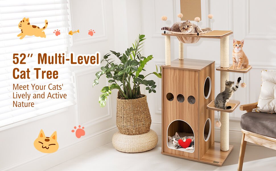 52 Inch Modern Multi-level Cat Play Center with Deluxe Hammock