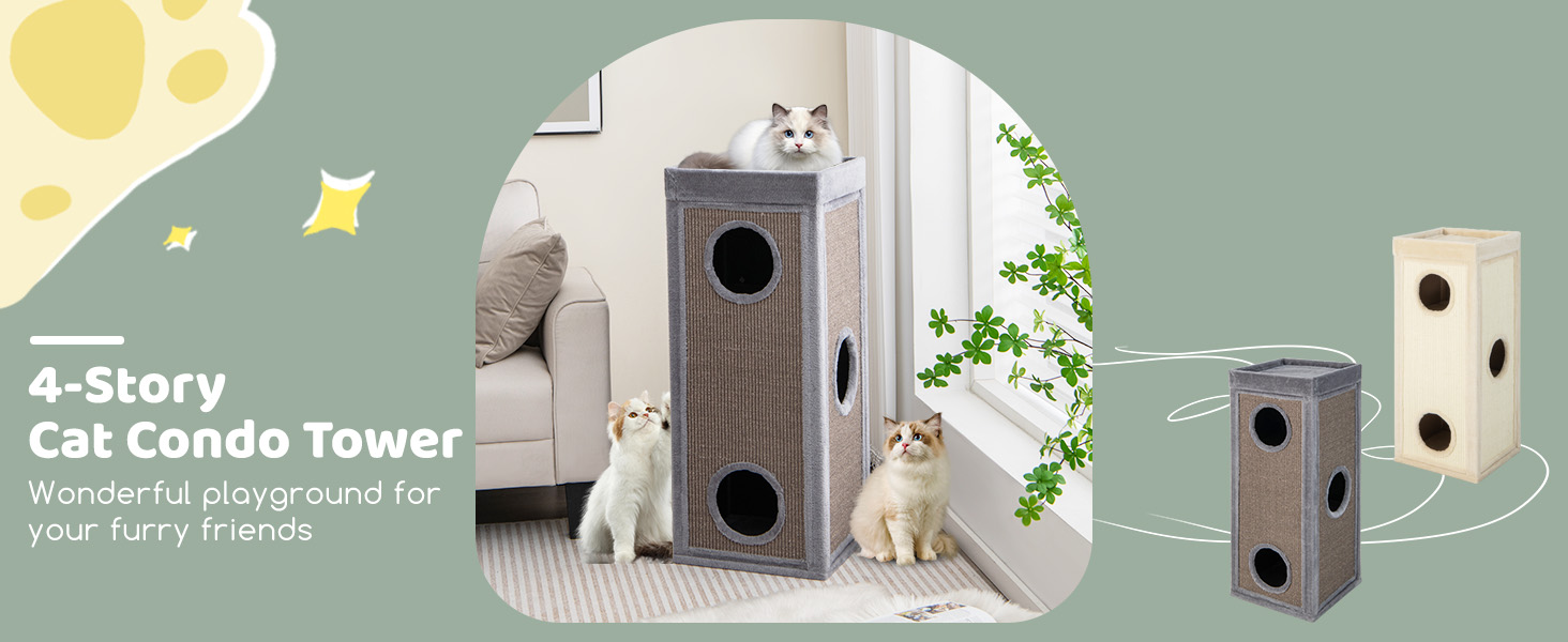 39 Inch Tall Cat Condo with Scratching Posts and 3 Hideaways and 4 Soft Plush Cushions