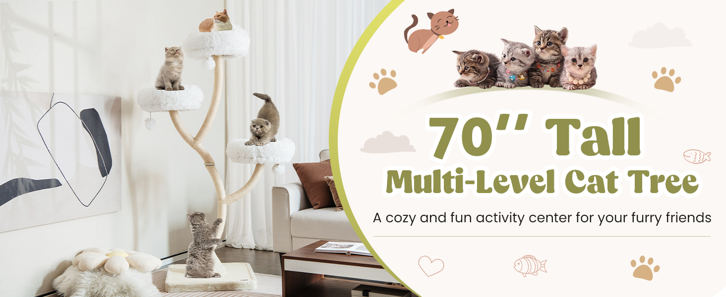 70 Inch Tall Cat Tree 4-Layer Cat Tower with 3 Perches and Dangling Balls