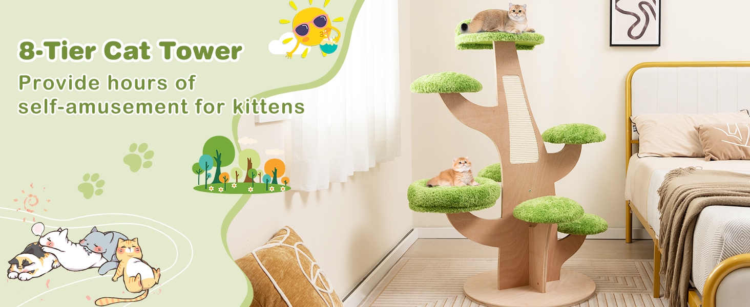 50 Inch Pine Shape Cat Tree for Indoor Cats with Sisal Scratching Board