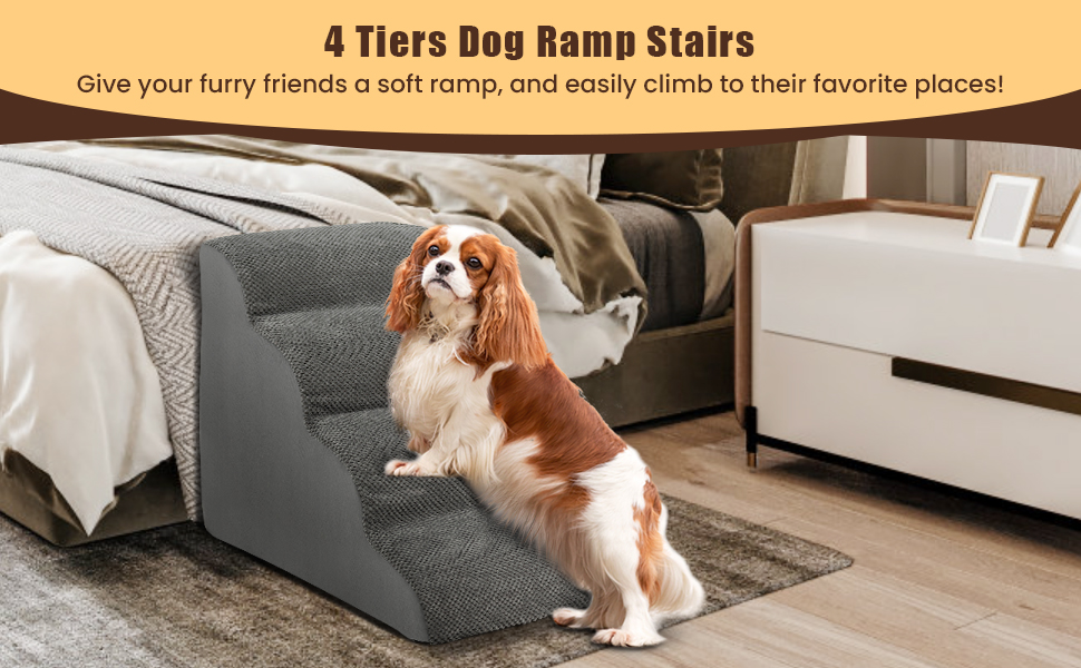 4-Tier Foam Non-Slip Dog Steps with Washable Zippered Cover and Brush