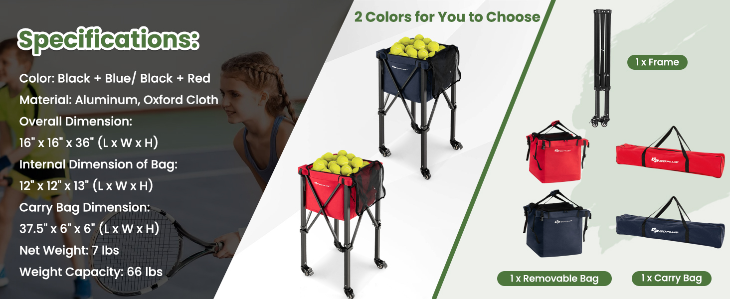 Lightweight Foldable Tennis Ball Teaching Cart with Wheels and Removable Bag