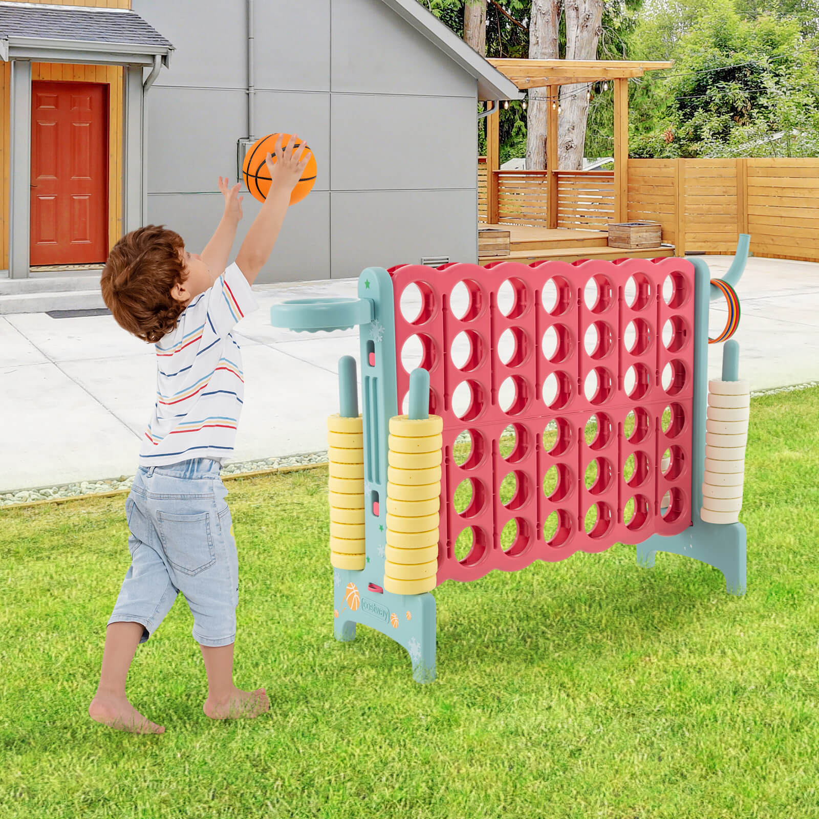 4-in-a-Row Connect Game with Basketball Hoop and Toss Ring