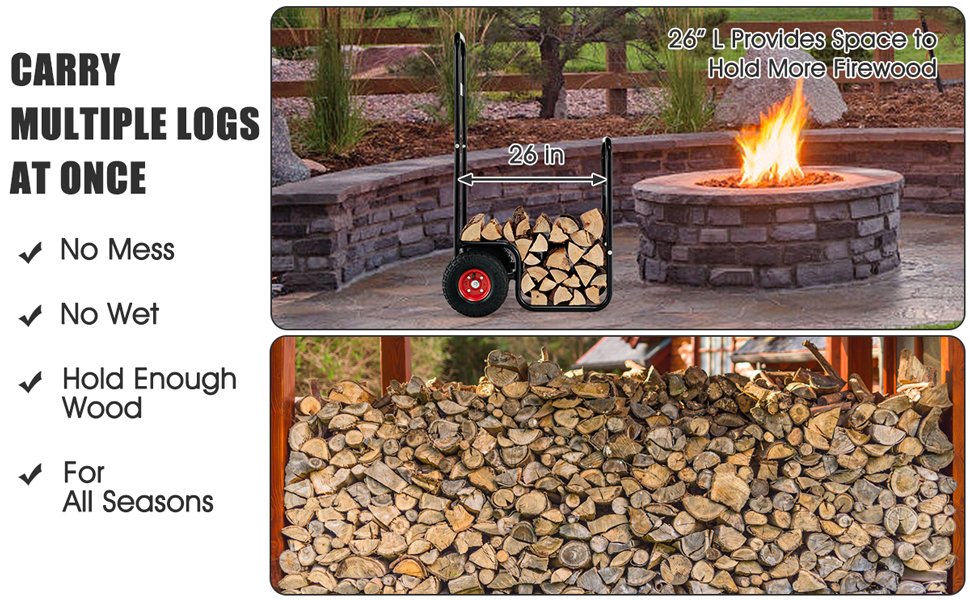 Firewood Log Cart Carrier with Wear-Resistant and Shockproof Rubber Wheels