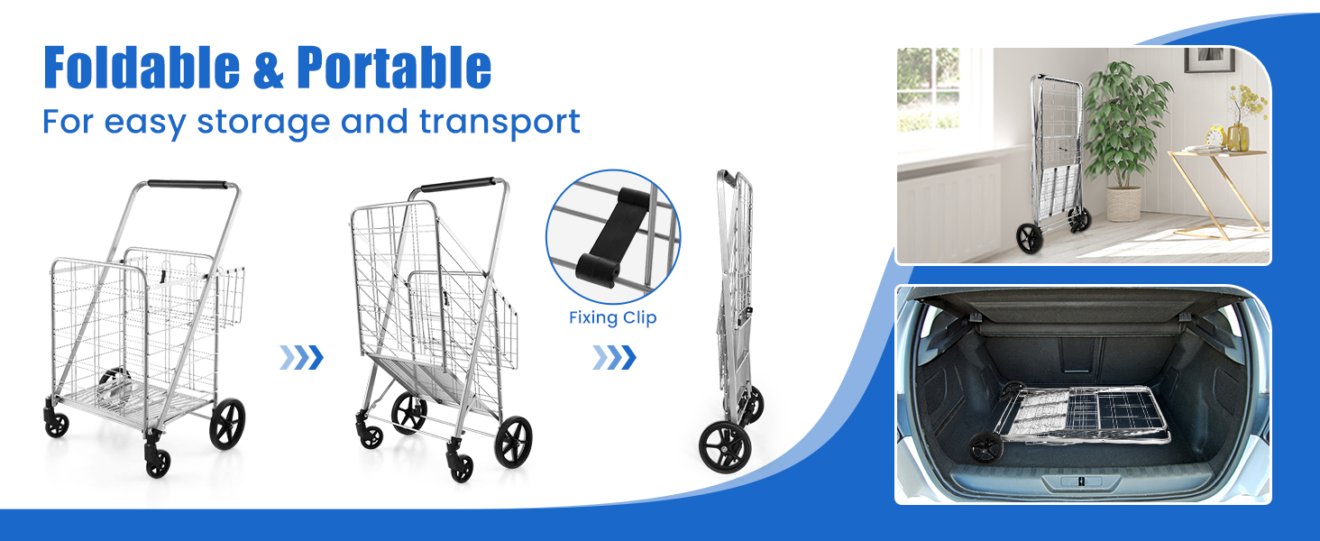 Folding Shopping Cart with Waterproof Liner Wheels and Basket