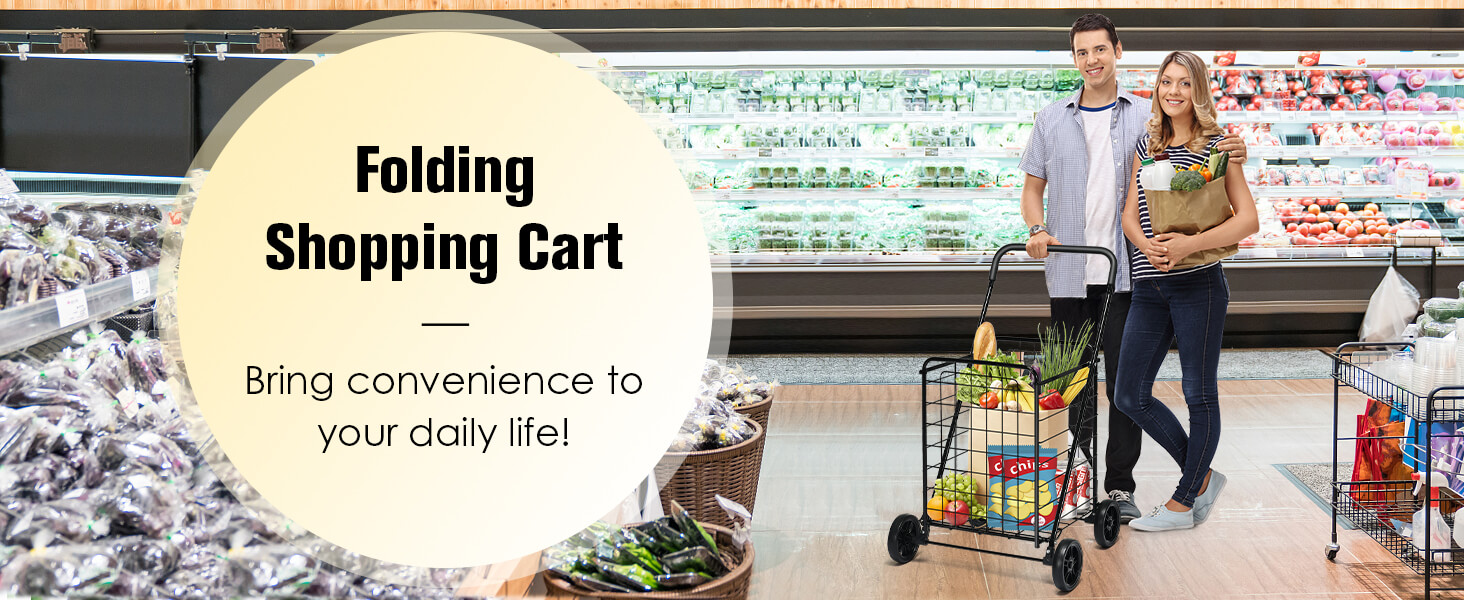 Folding Shopping Cart with Swiveling Wheels and Dual Storage Baskets