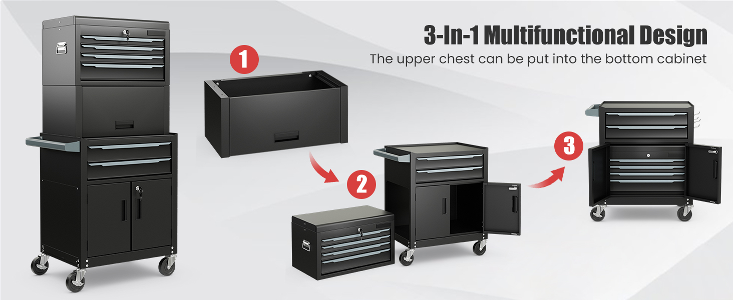 3-in-1 6-Drawer Rolling Tool Chest Storage Cabinet with Universal Wheels and Hooks