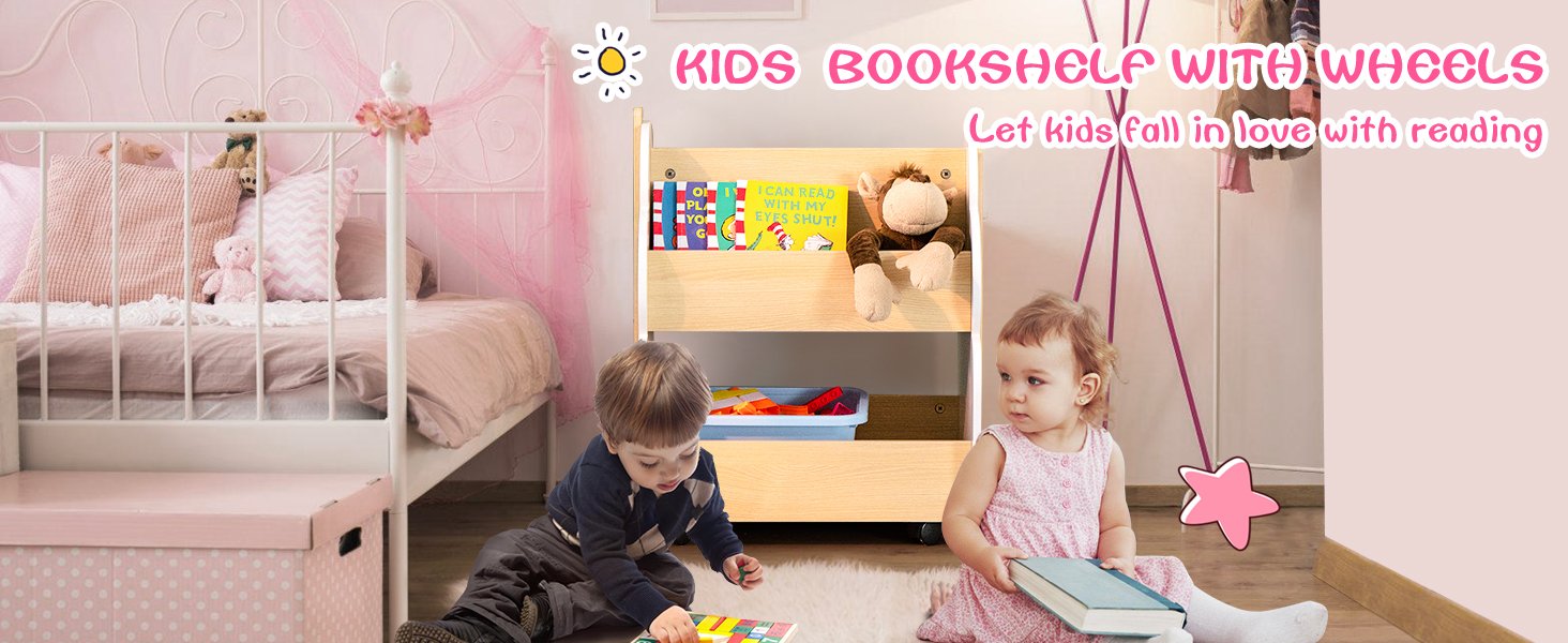 Kids Wooden Bookshelf with Universal Wheels