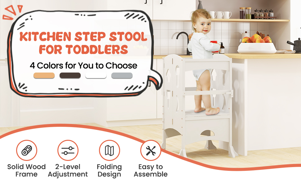 Folding Wooden Step Stool with Lockable Safety Rail for Toddler 3+