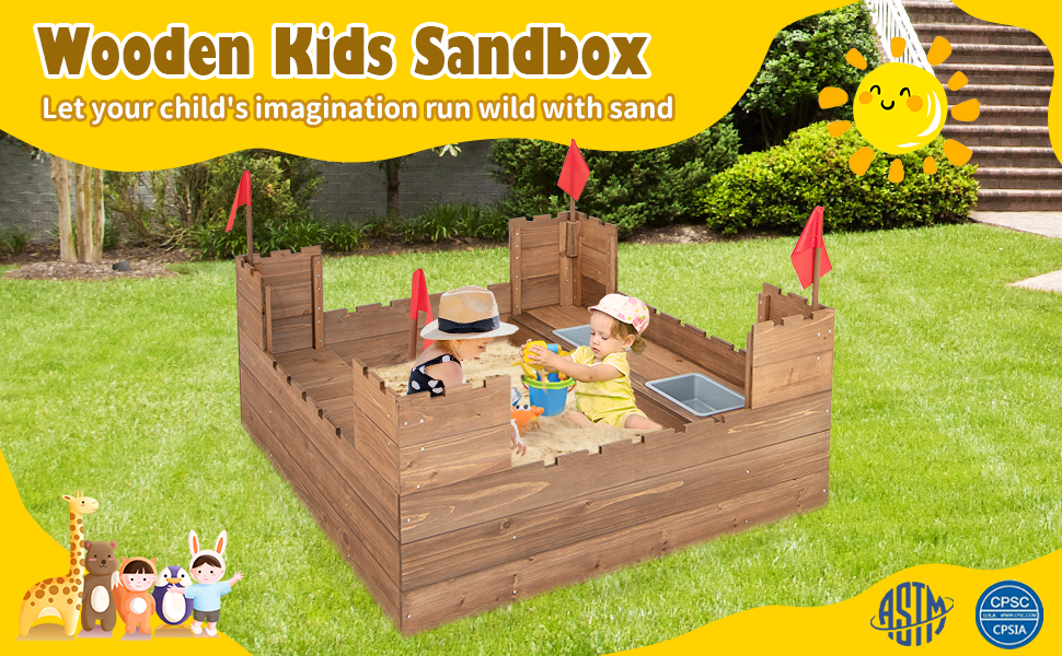 Kids Wooden Sandbox with Bottom Liner and Red Flags