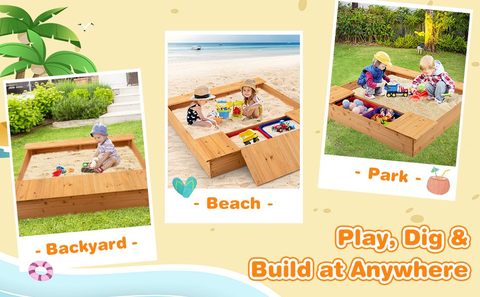 Kids Wooden Sandbox with Bench Seats and Storage Boxes