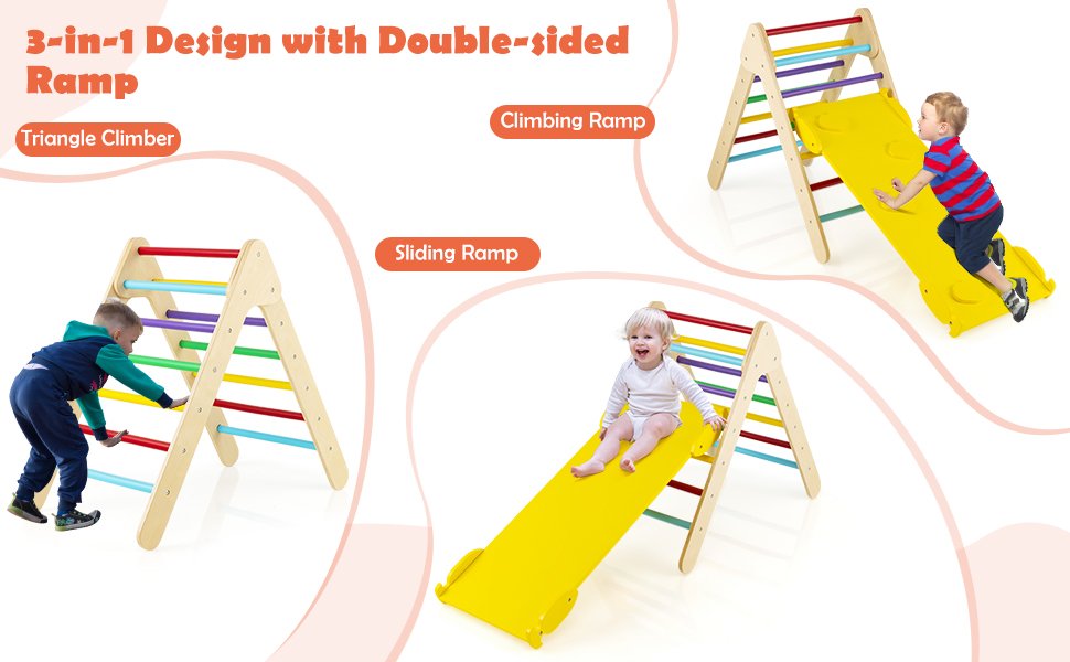 3-in-1 Wooden Climbing Triangle Set Triangle Climber with Ramp