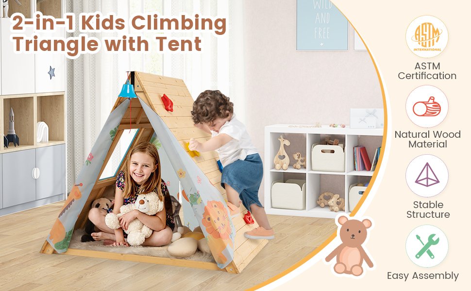 2-in-1 Wooden Kids Triangle Playhouse with Climbing Wall and Front Bell 