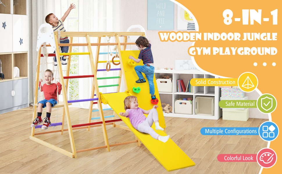 8-in-1 Wooden Jungle Gym Playset with Slide and Monkey Bars
