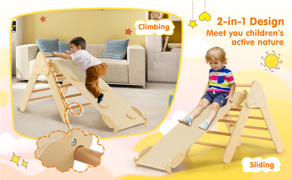 2-in-1 Wooden Kids Climber Toys with Triangle Arch Ramp