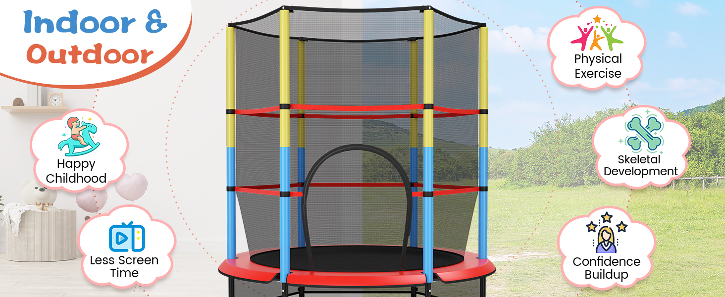 55 Inches Kids Trampoline Recreational Bounce Jumper with Safety Enclosure Net
