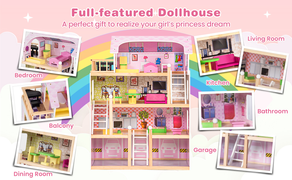 Wood Dollhouse Cottage with Furniture Playset for Kids