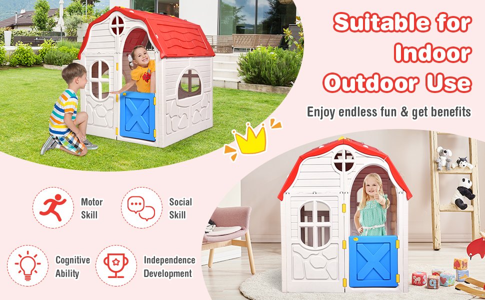 Kids Cottage Playhouse Foldable Plastic Indoor Outdoor Toy